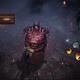 A large and round demon with a mouth on his stomach fights a man with a shield.